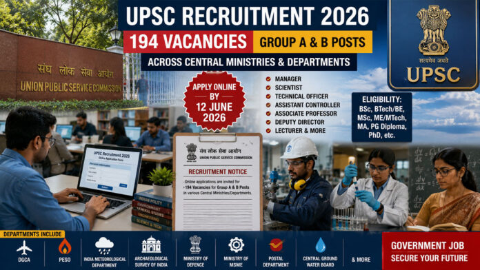 UPSC recruitment notification for 194 Group A and Group B government vacancies in India