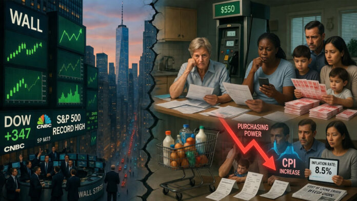 US Economic Inequality highlighted by rising stock markets and financial struggles faced by American households