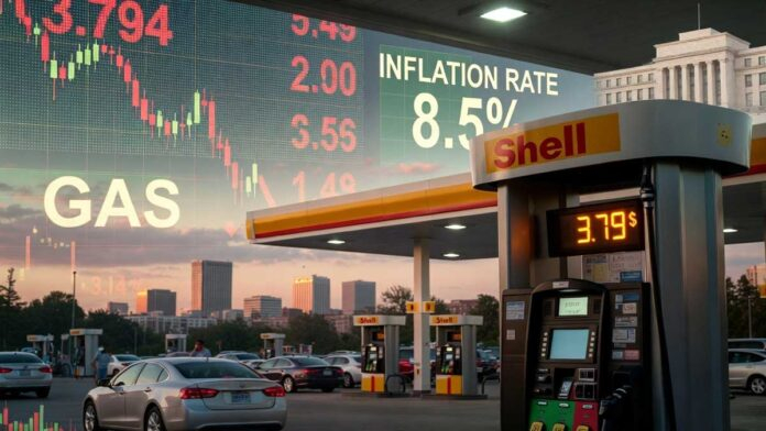 US Wholesale Inflation Climbs to Highest Level Since 2022 Fuel prices rising at a US gas station as inflation and energy costs surge across the economy