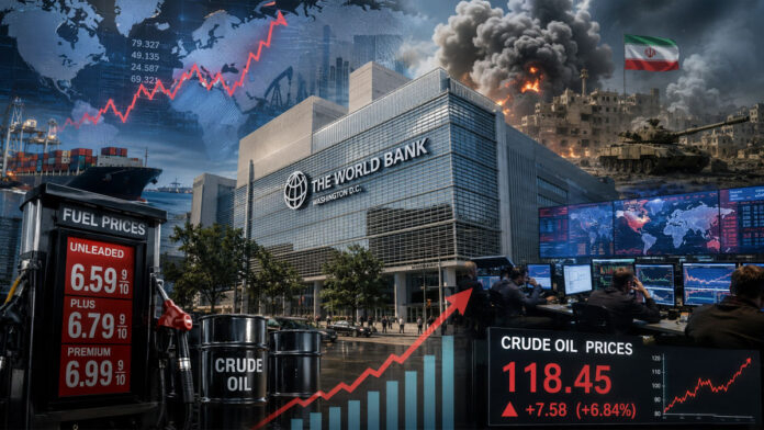 World Bank headquarters with rising oil prices and global financial crisis graphics linked to Middle East conflict