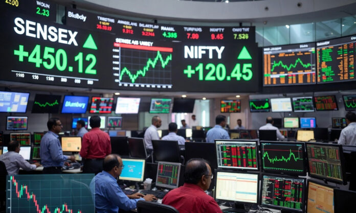 Traders watch market screens as Sensex opens at 77,358 and Nifty at 24,126 during Thursday’s positive stock market opening in Mumbai.