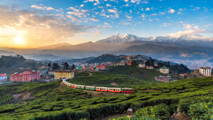 Darjeeling tour packages featuring tea gardens, toy train, Tiger Hill sunrise and scenic Himalayan mountain views