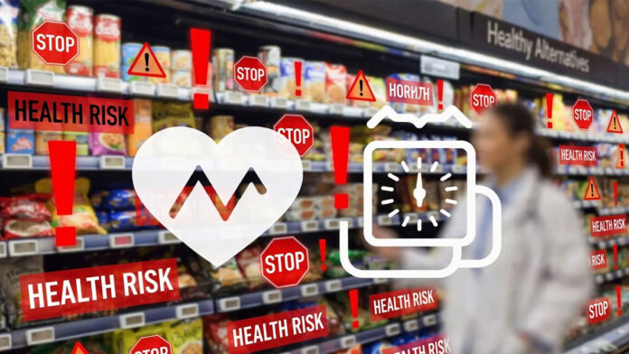 Packaged processed foods on supermarket shelves with heart health graphics illustrating a study on food preservatives and cardiovascular risk.
