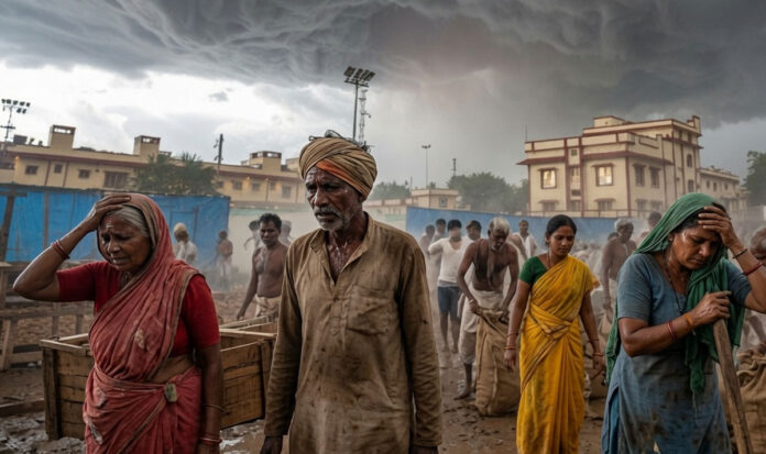 India Monsoon Heat Stress warning showing people enduring extreme heat and humidity during monsoon season amid climate change concerns.