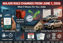 June Rule Changes 2026: UPI, Taxes, Car Prices, LPG and Solar Panel Rules Change From June 1 June Rule Changes 2026 showing UPI payments, tax filing, car price increases, LPG cylinders and solar panel regulations in India.