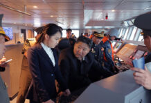 Kim Jong Un Inspects New Destroyer Warship, Vows Faster Naval Nuclear Expansion North Korean leader Kim Jong Un inspecting the Kang Kon destroyer during sea trials as military officials accompany him.