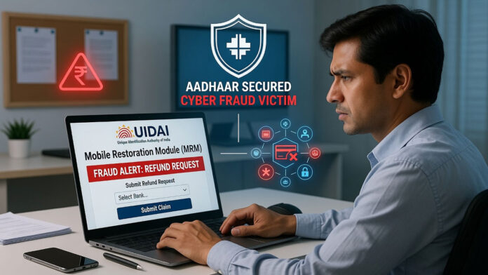 A cyber fraud victim using an online portal to submit a refund request through India's Mobile Restoration Module (MRM).