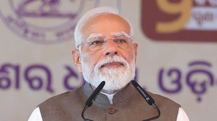 Prime Minister Narendra Modi addresses a public gathering in Rairangpur after unveiling development projects worth over ₹47,600 crore in Odisha.