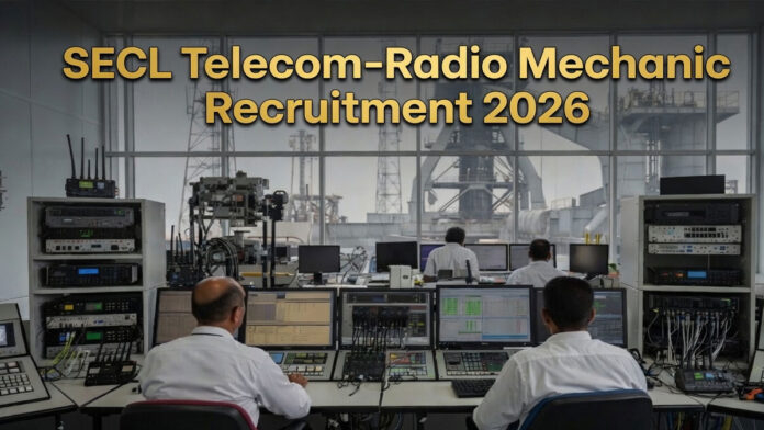 SECL headquarters and telecom maintenance professionals working on communication equipment during recruitment announcement.
