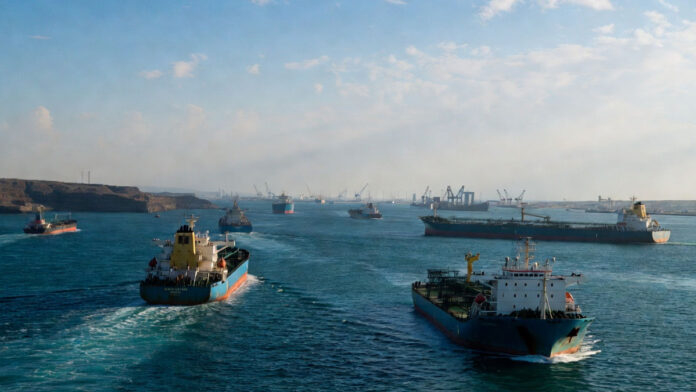 Cargo vessels navigating through the Strait of Hormuz as Iran discusses new operational rules for the strategic waterway.