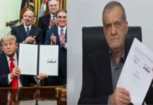 US-Iran Peace Deal Draft Revealed: 14-Point Framework Proposes Ceasefire, Sanctions Relief, and Nuclear Oversight US President Donald Trump and Iranian President Masoud Pezeshkian signing a historic peace agreement aimed at reducing tensions in the Middle East.
