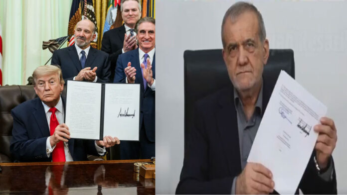 us-iran-peace-agreement-tru US President Donald Trump and Iranian President Masoud Pezeshkian signing a historic peace agreement aimed at reducing tensions in the Middle East.