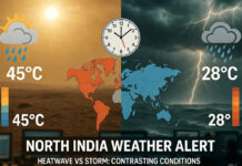 Weather Forecast June 1, 2026: Heatwave Alert, Thunderstorms and Rain Set to Impact Several North Indian States Weather Forecast June 1, 2026 showing heatwave conditions in Rajasthan and rain, thunderstorms, and cloudy skies across North India.