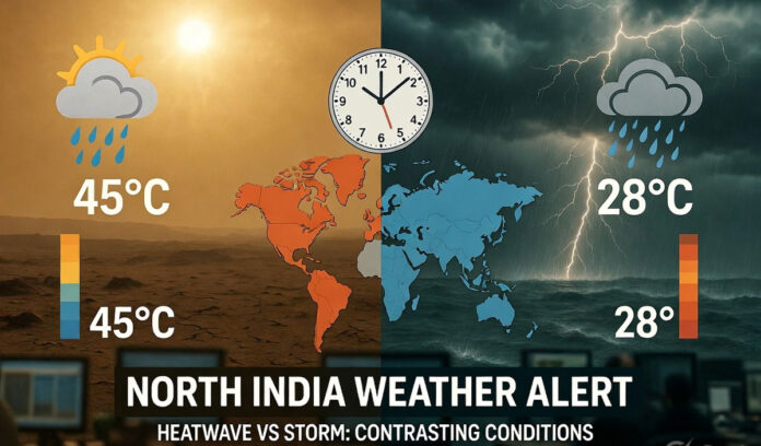 Weather Forecast June 1, 2026 showing heatwave conditions in Rajasthan and rain, thunderstorms, and cloudy skies across North India.