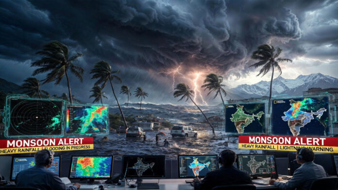 Weather Update showing heavy rain clouds, thunderstorms, lightning and monsoon activity across multiple Indian states
