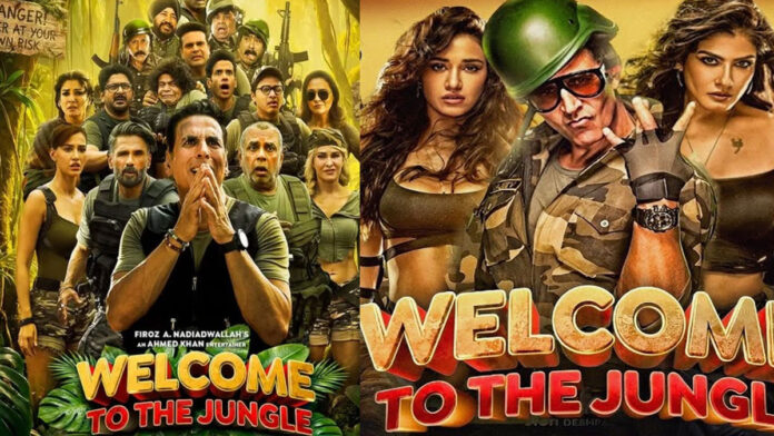 Akshay Kumar and the ensemble cast in a scene from the Welcome to the Jungle trailer filled with comedy, action and adventure.