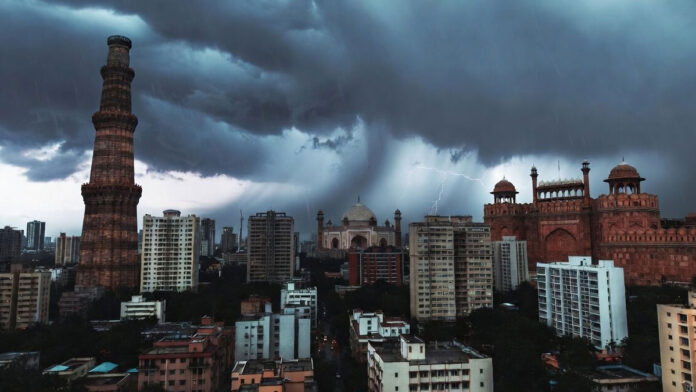 western-disturbance-northwe Dark rain clouds over Delhi-NCR as strong winds and thunderstorms arrive due to an active western disturbance.
