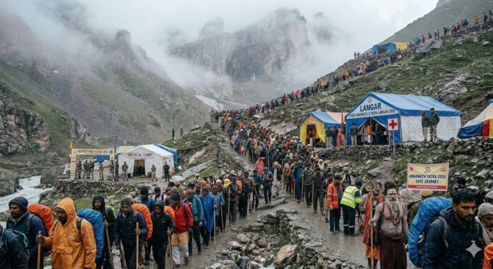 amarnath-yatra-2026-pilgrim Devotees undertake the Amarnath Yatra 2026 pilgrimage to the sacred cave shrine in Jammu and Kashmir despite challenging weather conditions.