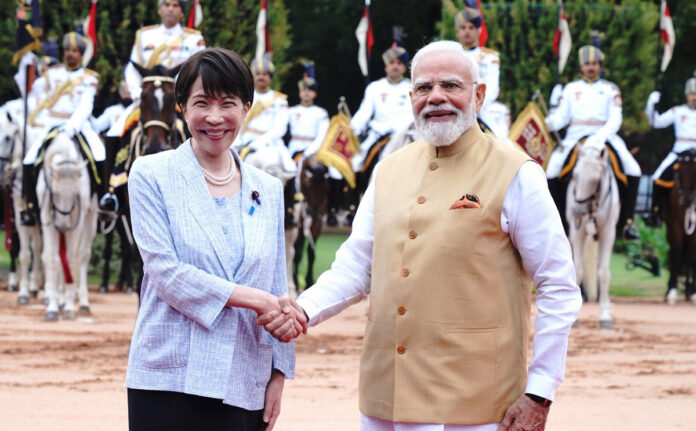 Prime Minister Narendra Modi and Japanese Prime Minister Sanae Takaichi participate in the ceremonial welcome ahead of the 16th India-Japan Annual Summit in New Delhi.