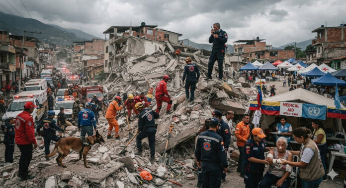 Rescue personnel search collapsed buildings while displaced residents receive humanitarian aid following the devastating June 24 earthquakes in Venezuela.